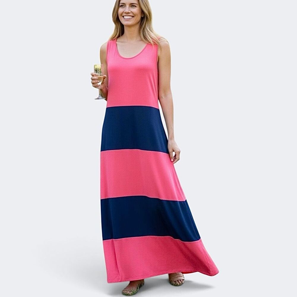 Andrea Tangerine & Blue Maxi Tank Dress Sz XL